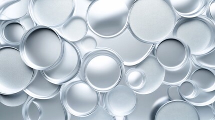 Abstract circular shapes in varying sizes and textures with soft lighting and reflections creating a modern feel