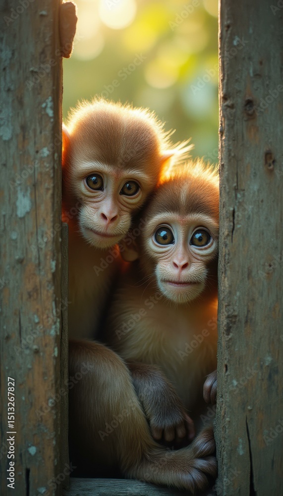 Poster two adorable baby monkeys peering curiously from behind a weathered wooden structure, bathed in soft