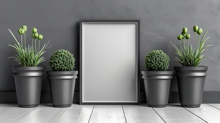 Fototapeta premium Modern Living Room with Blank Portrait Frame and Potted Plants Mockup Interior Design