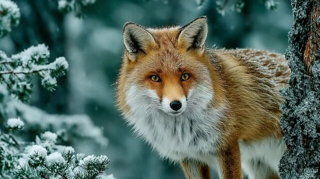 A captivating red fox portrait in a snowy winter wonderland, showcasing its natural beauty