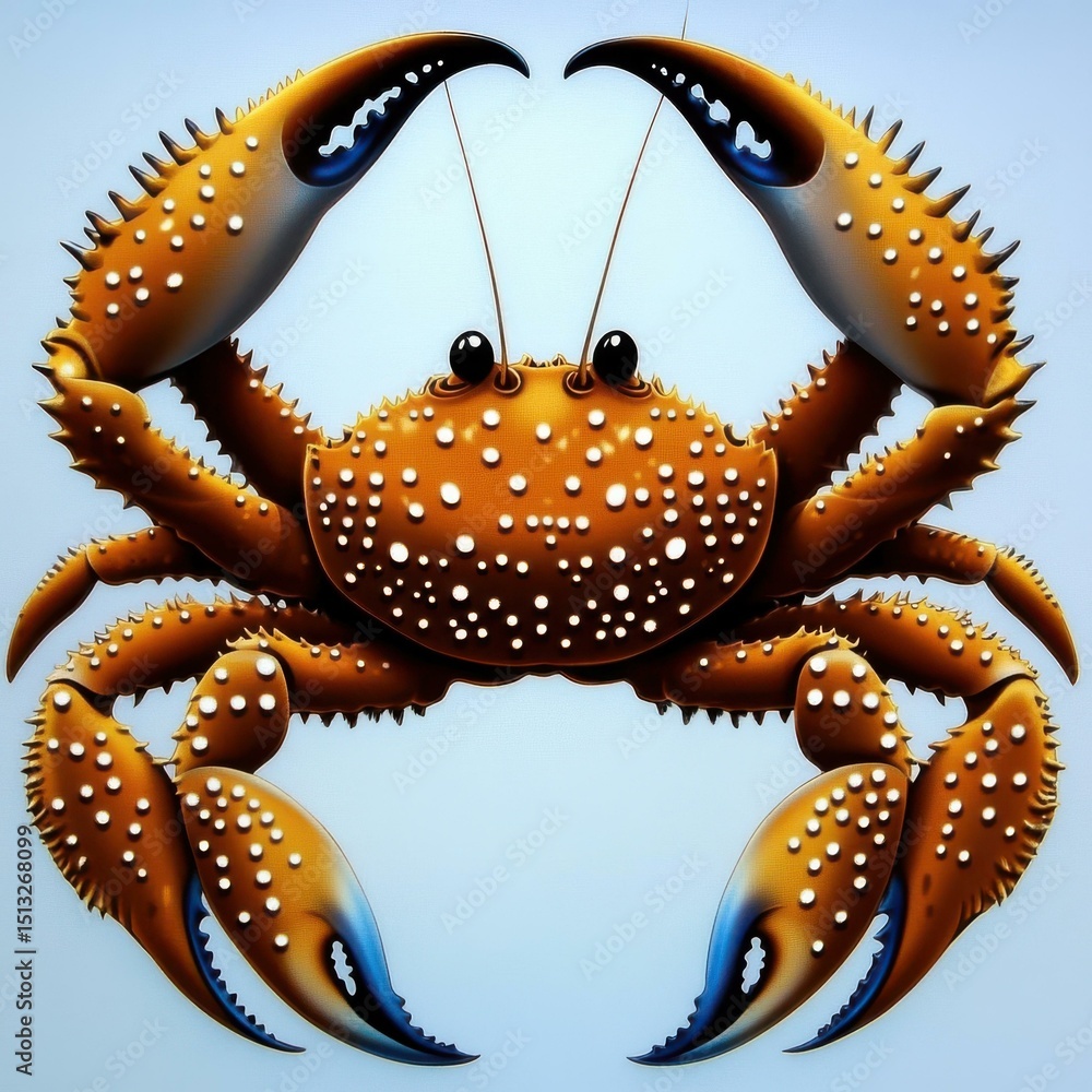 Poster colorful spotted crab with claws raised in a defensive pose on soft blue background