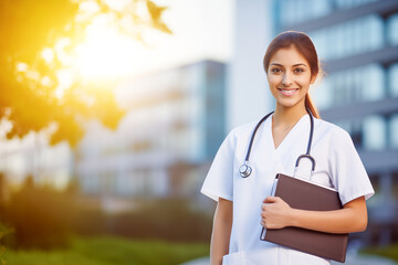 Smiling healthcare professional in a white uniform stands outdoors with a clipboard, embodying confidence and dedication in a medical setting