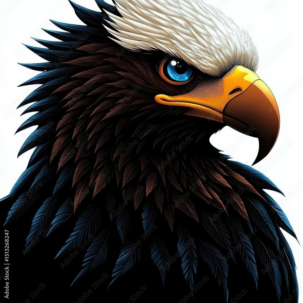 Poster fierce eagle portrait with intricate feather details and piercing gaze on white background