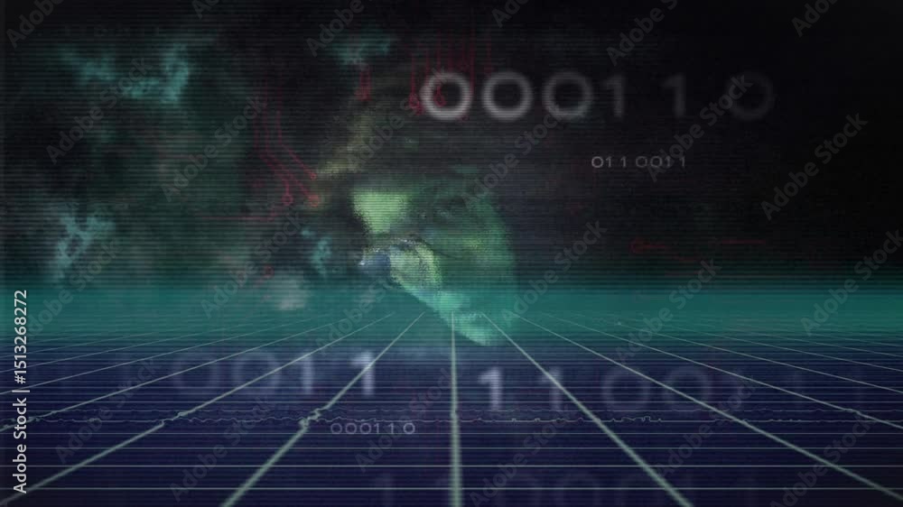 Poster dark screen fading into neon grid starting digital face forming with scrolling bits showing birth