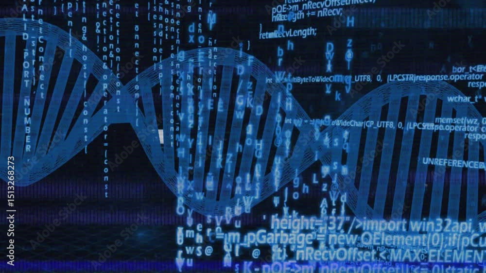 Poster after code backdrop emerging, blue double-helix rotating drifting and undulating showing data flow