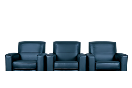 Three teal leather theater seats isolated on a white background