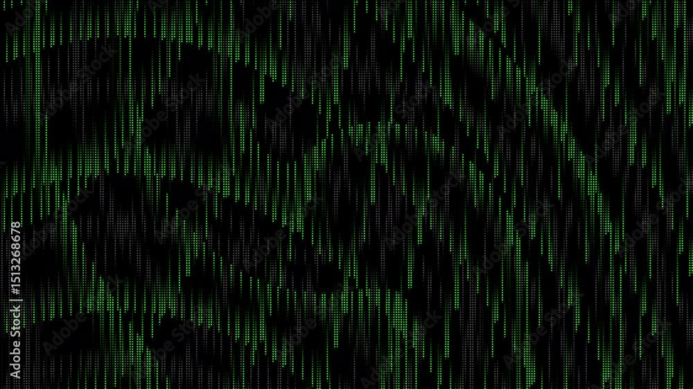 Poster Green matrix abstract dots raining binary code without symbols and characters. Black background. Abstract halftone loop animation