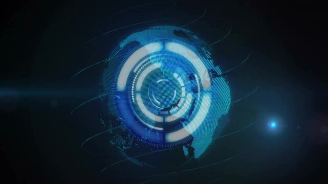 Close-up dotted Australia map forming, causing 3D globe zooming out pulsing rings visualizing data