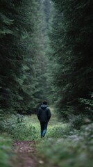 Obraz premium Man walking slowly in quiet green forest reconnecting with nature self