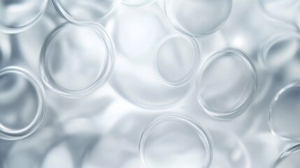 Transparent circular forms layered in a soft grayscale light aesthetic background