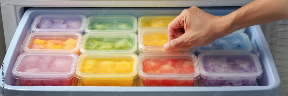 Poster hand placing labeled frozen meal into organized chest freezer with colorful containers and faded lay