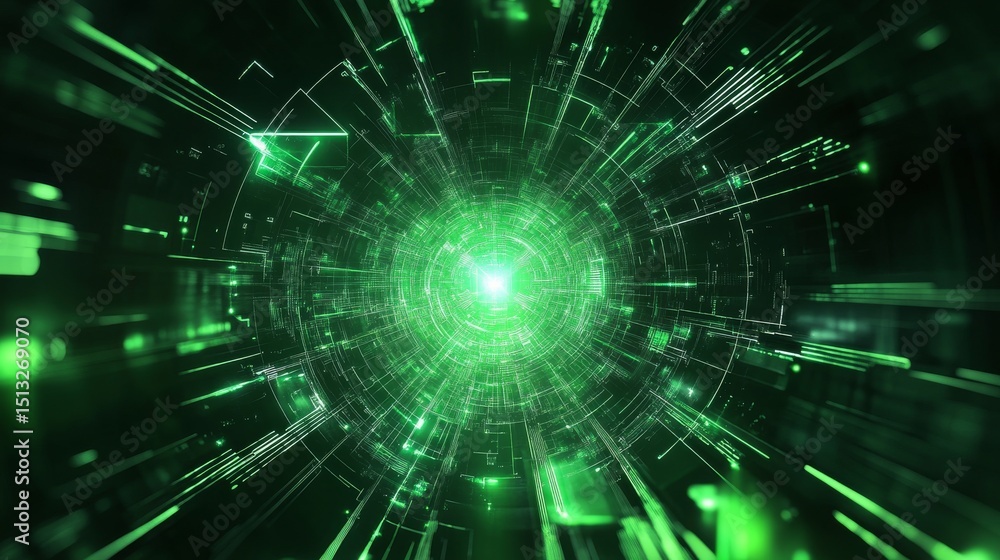 Poster futuristic abstract geometric shapes with digital data grid and glowing technology elements on a dar