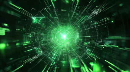 Futuristic abstract geometric shapes with digital data grid and glowing technology elements on a dark blue background for hi-tech innovation, artificial intelligence, and digital transformation concep