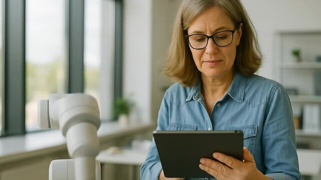 Senior Woman Operating a Collaborative Robot