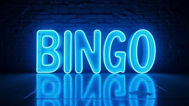 Bright Blue Bingo Neon Sign against Brick Wall Background Perfect for Game Night Promotion or Casino Advertising