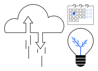 Arrows indicating data transfer to and from a cloud, a lit bulb with a sprouting tree symbolizing innovation, and a calendar checkmark. Ideal for technology, planning, sustainability, creativity