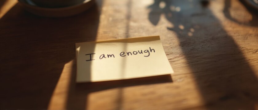 note I am enough wooden desk warm morning light