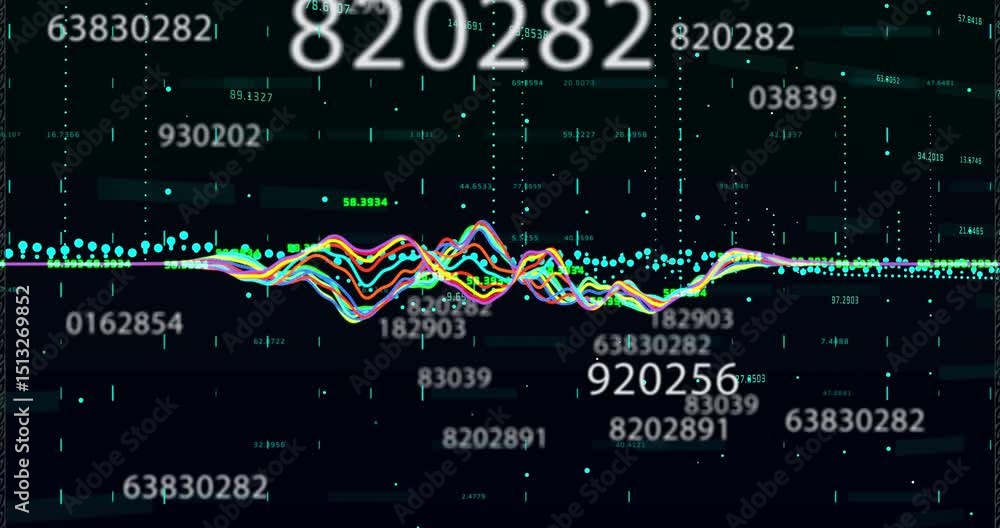 Poster digit rain initiating multicolored waveform aligning on glowing dot baseline depicting peak numbers