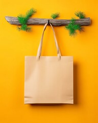 Minimalist eco-friendly shopping bag on yellow.