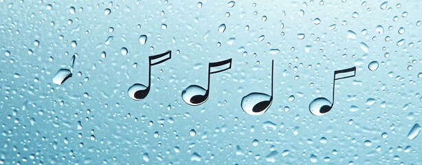 Musical notes on water droplets background.