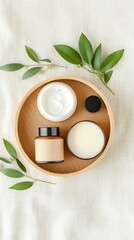 Natural skincare products on a wooden tray.