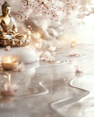 Serene Buddha statue with gentle blossoms.