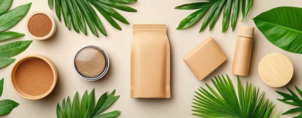 Natural skincare products on green leaves.