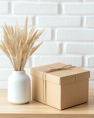 Stylish decor with a gift box and dried flowers.