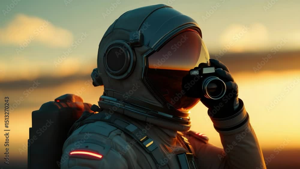 Poster astronaut in space suit holds camera, suitable for science or technology concepts
