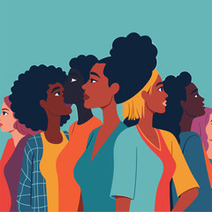 Empowering Women Vector Art: Unity and Diversity in Bold Colors. Minimalist Illustration of diverse women uniting against a vibrant color block pattern and solid blue backdrop. Hope, trust, and