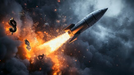 A rocket taking off with dollar signs on its side