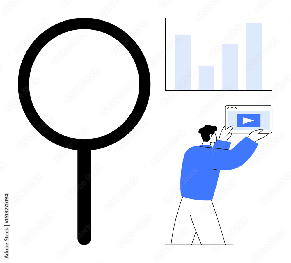 Poster magnifying glass representing search, bar chart analysis, man with tablet exploring video. ideal for