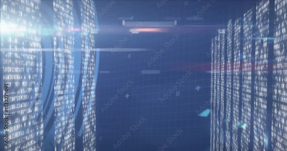 Poster opening digital data corridor sweeping lens flare while code snippets fading to visualize data flow
