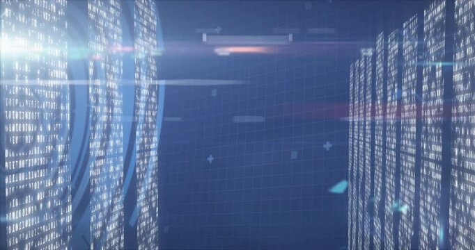 Opening digital data corridor sweeping lens flare while code snippets fading to visualize data flow