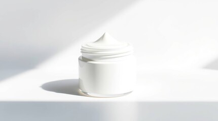 A white jar of cream with a swirl of product on top sits on a white surface with sunlight casting a shadow on the right