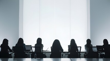 Faceless diverse professionals working remotely, silhouettes or back views, digital devices on desk, modern coworking space, no logos, minimal design 