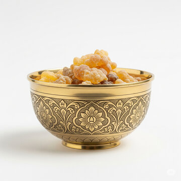 Ornate Golden Bowl Filled with Amber Frankincense Resin. Aromatic Loban Chunks for Spiritual Rituals, Meditation, and Wellness on a Clean White Background