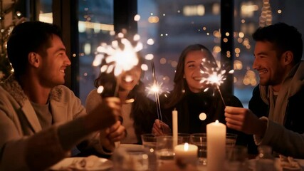 A group of four friends are celebrating together at a dimly lit dinner, illuminated by sparklers and candles. The warm atmosphere creates a sense of camaraderie and joy in an urban setting.
