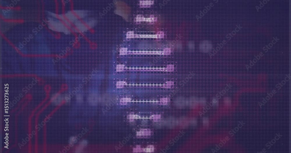 Poster on interface opening pixelated neon helix rotating clockwise on purple grid, cycling for ui demo