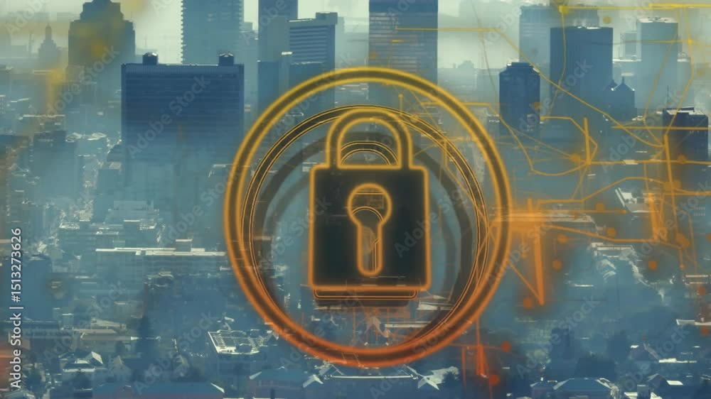 Poster padlock icon appearing over cityscape, rings fading and lines tracing for demonstrating security