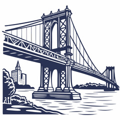 Fototapeta premium Flat icon of a large suspension bridge across a river, depicted in blue and gray with minimal details