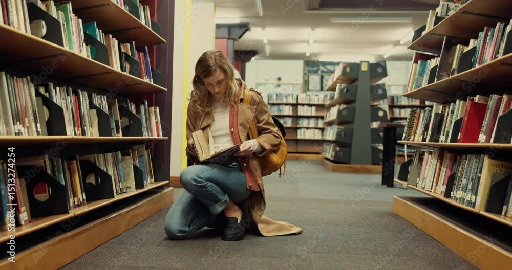 Poster student, girl and reading a book in library for exam preparation, information search or knowledge. c
