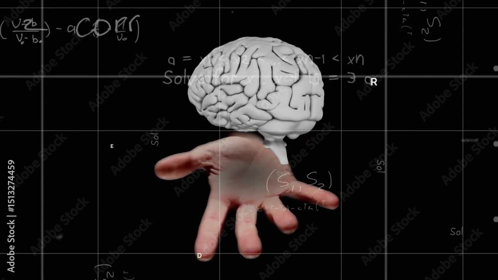 Poster after formulas appearing on grid 3d hand rising while brain rotating above palm showing structure