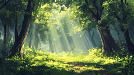 Obraz premium Enchanted Forest Pathway: Sunlight Streaming Through Lush Green Canopy