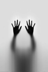 Silhouetted hands press against a translucent surface, creating a sense of mystery and confinement.