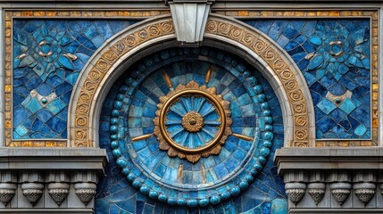 Ornate blue and gold mosaic tile architectural detail with floral motifs and arched design.