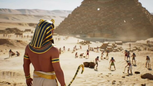 Pharaoh overseeing pyramid construction with workers in desert landscape  