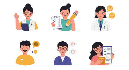 Six Cartoon People Expressing Different Ideas and Emotions