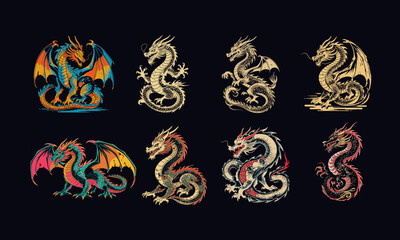 Old School Tattoo dragon, dragon full body illustration, angry dragon