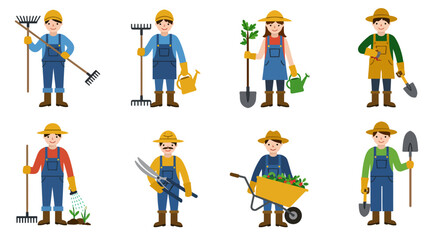 Cartoon Farmers and Gardeners with Tools and Plants in Various Poses